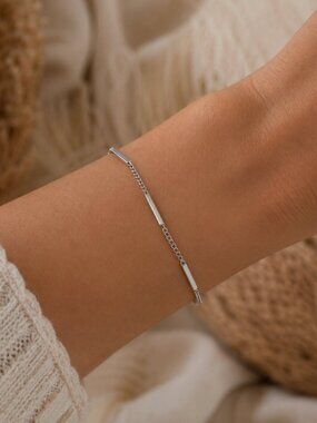 925 Sterling Silver Dainty Bar Link Chain Bracelet Minimalist Bar Thin Bracelet